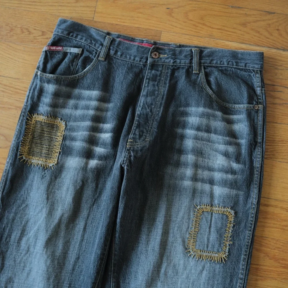 Ecko Unltd Jeans Mens 36 Black Patchwork Side-Out Y2K Streetwear Baggy Denim